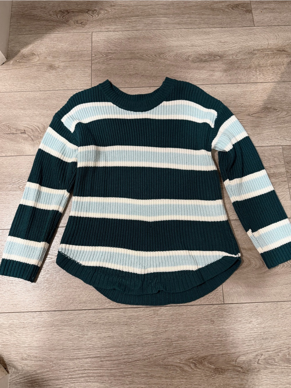 SO Off-the-Shoulder Striped Sweater in Teal and Cream
